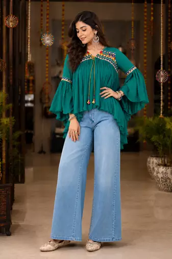 Teal green garba glam mirror work cape top