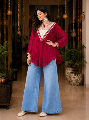 Rani pink garba glam mirror work cape top 2