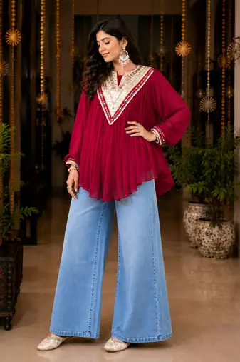 Rani pink garba glam mirror work cape top
