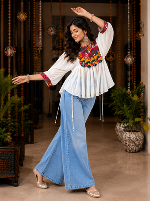 White garba glam mirror work cape top 2