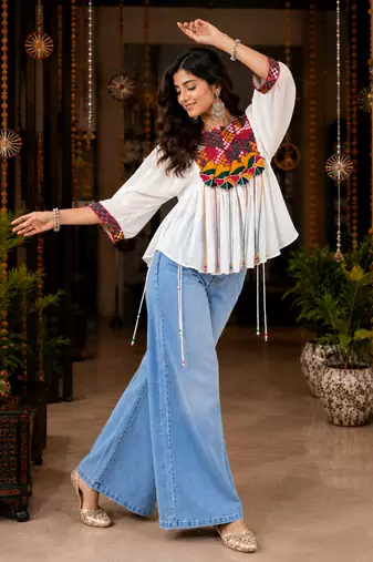 White garba glam mirror work cape top