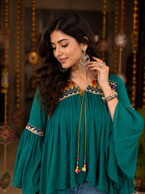 Teal green garba glam mirror work cape top 4