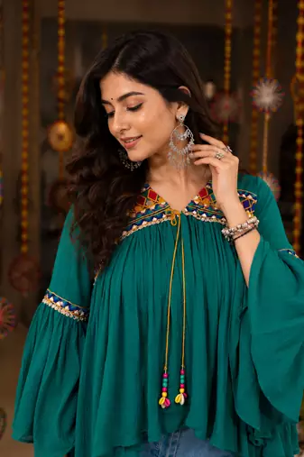 Teal green garba glam mirror work cape top