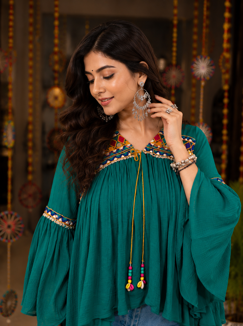 Teal green garba glam mirror work cape top