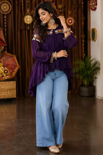 Purple garba glam mirror work cape top
