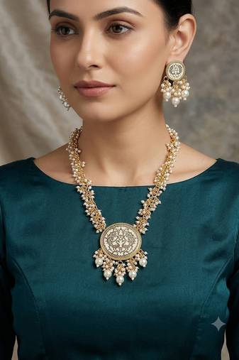 Gold-plated pearl beaded kundan style jewellery set with necklace & earrings