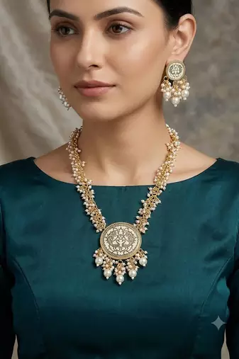 Gold-plated pearl beaded kundan style jewellery set with necklace & earrings