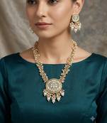 Gold-plated pearl beaded kundan style jewellery set with necklace & earrings