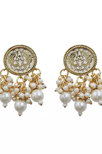Gold-plated pearl beaded kundan style jewellery set with necklace & earrings