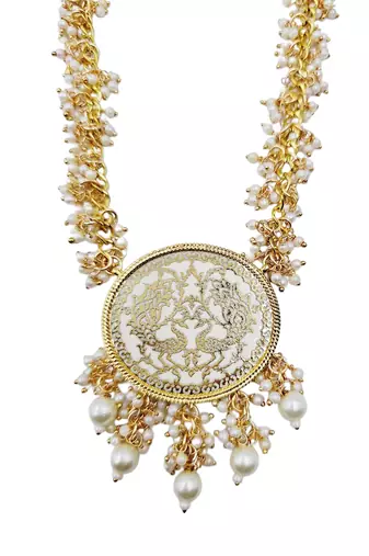 Gold-plated pearl beaded kundan style jewellery set with necklace & earrings