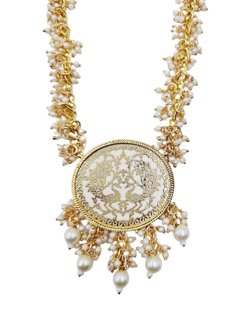 Gold-plated pearl beaded kundan style jewellery set with necklace & earrings