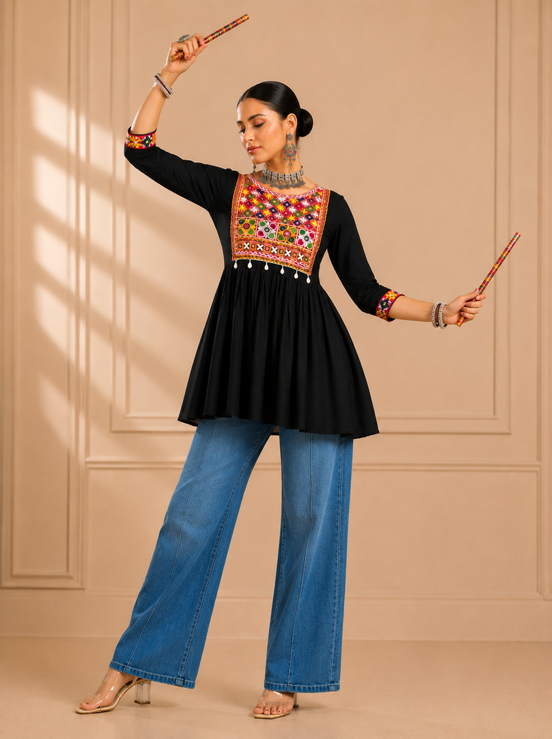 Black gamthi mirror work rayon kediya top