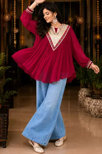 Rani pink garba glam mirror work cape top