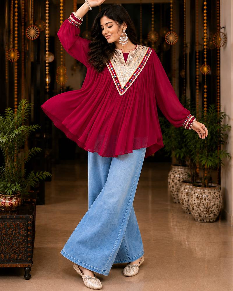 Rani pink garba glam mirror work cape top