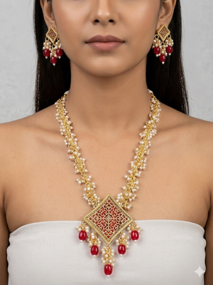 Gold-plated maroon kundan studded pearl cluster long thewa necklace & earrings set 1
