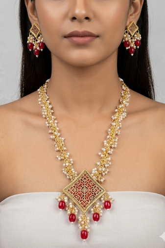 Gold-plated maroon kundan studded pearl cluster long thewa necklace & earrings set