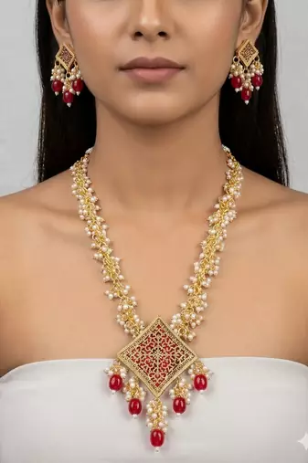 Gold-plated maroon kundan studded pearl cluster long thewa necklace & earrings set