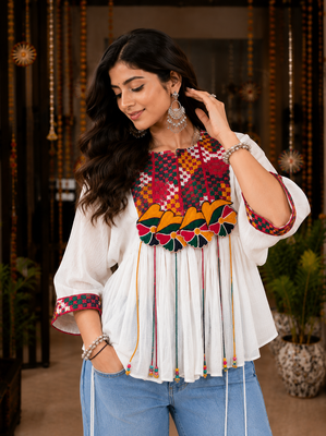 White garba glam mirror work cape top 3