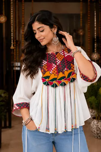 White garba glam mirror work cape top