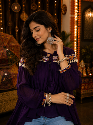 Purple garba glam mirror work cape top 3