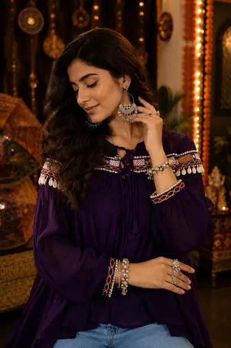 Purple garba glam mirror work cape top