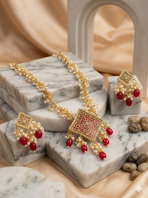 Gold-plated maroon kundan studded pearl cluster long thewa necklace & earrings set 2
