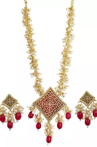 Gold-plated maroon kundan studded pearl cluster long thewa necklace & earrings set