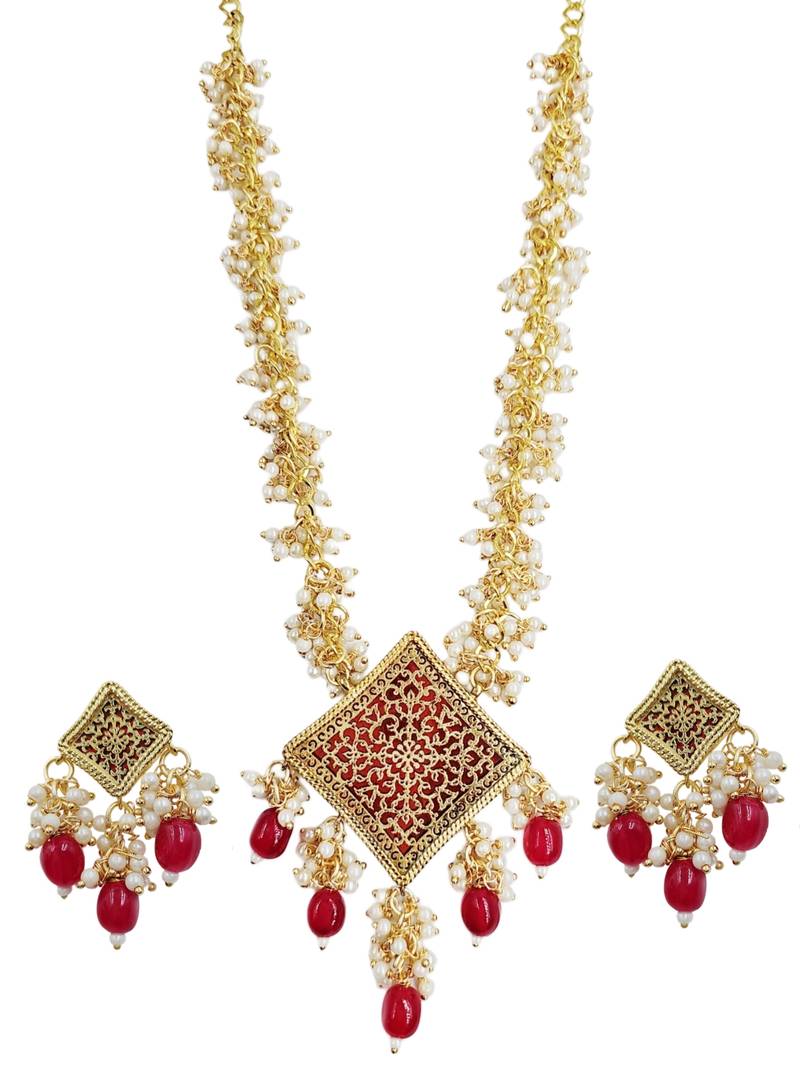 Gold-plated maroon kundan studded pearl cluster long thewa necklace & earrings set