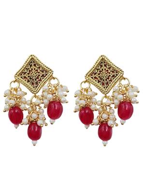 Gold-plated maroon kundan studded pearl cluster long thewa necklace & earrings set 4
