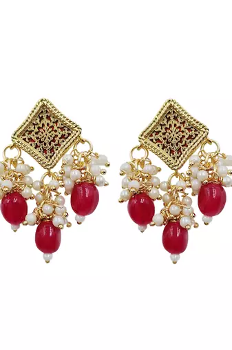 Gold-plated maroon kundan studded pearl cluster long thewa necklace & earrings set