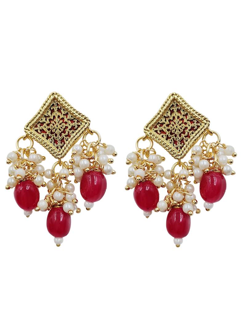 Gold-plated maroon kundan studded pearl cluster long thewa necklace & earrings set