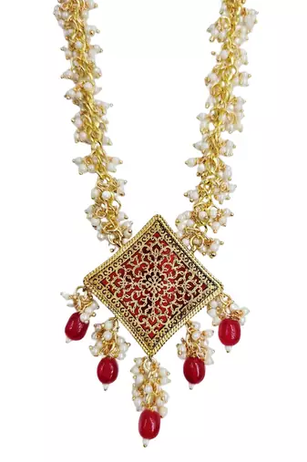 Gold-plated maroon kundan studded pearl cluster long thewa necklace & earrings set