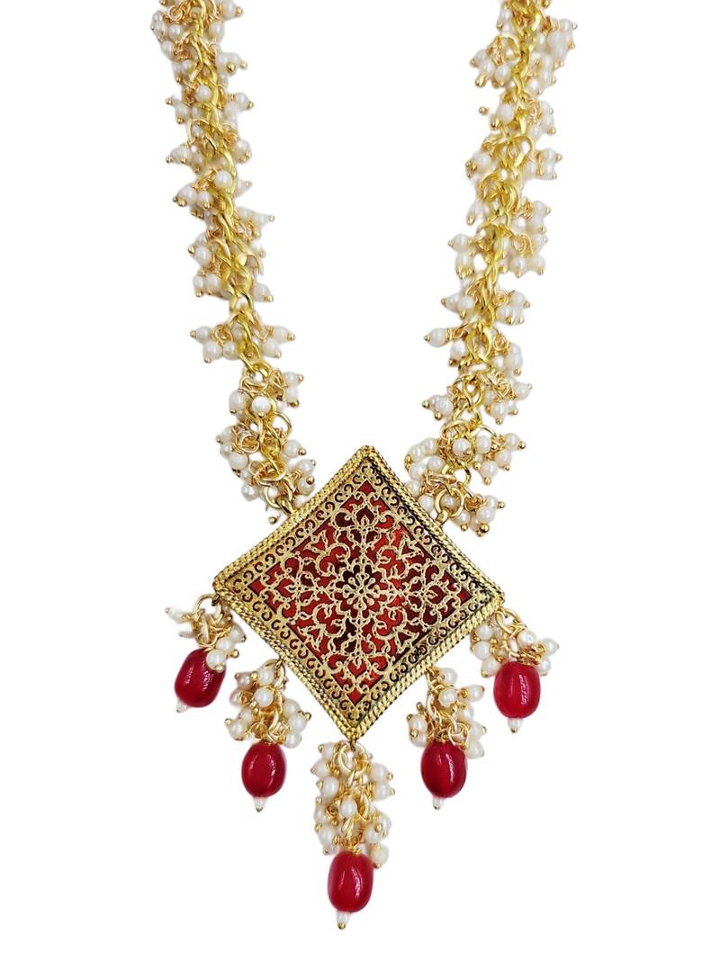 Gold-plated maroon kundan studded pearl cluster long thewa necklace & earrings set