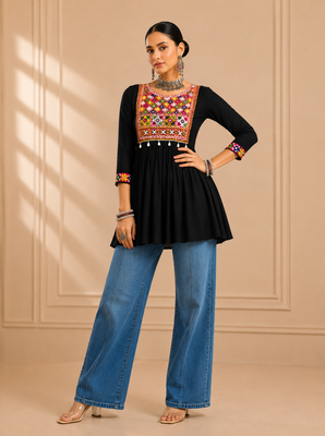 Black gamthi mirror work rayon kediya top 3