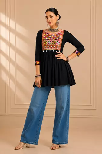 Black gamthi mirror work rayon kediya top