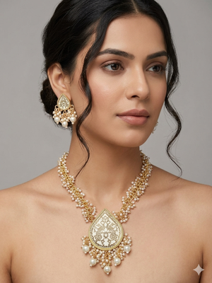 Gold-plated white enamel kundan pearl long haar thewa necklace and earrings jewellery set 1