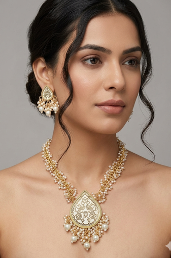 Gold-plated white enamel kundan pearl long haar thewa necklace and earrings jewellery set