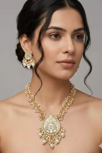 Gold-plated white enamel kundan pearl long haar thewa necklace and earrings jewellery set