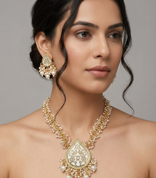 Gold-plated white enamel kundan pearl long haar thewa necklace and earrings jewellery set