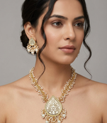 Gold-plated white enamel kundan pearl long haar thewa necklace and earrings jewellery set