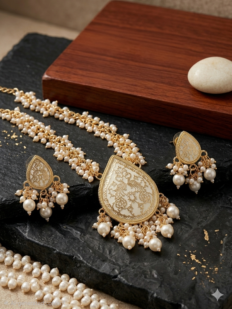 Gold-plated white enamel kundan pearl long haar thewa necklace and earrings jewellery set
