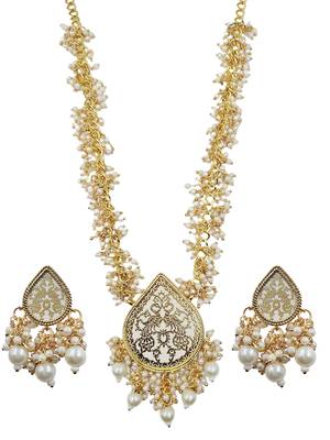 Gold-plated white enamel kundan pearl long haar thewa necklace and earrings jewellery set 3