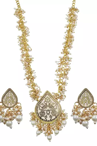 Gold-plated white enamel kundan pearl long haar thewa necklace and earrings jewellery set