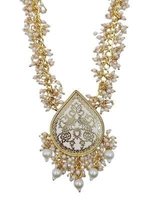 Gold-plated white enamel kundan pearl long haar thewa necklace and earrings jewellery set 4