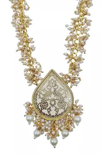 Gold-plated white enamel kundan pearl long haar thewa necklace and earrings jewellery set