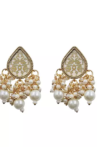 Gold-plated white enamel kundan pearl long haar thewa necklace and earrings jewellery set