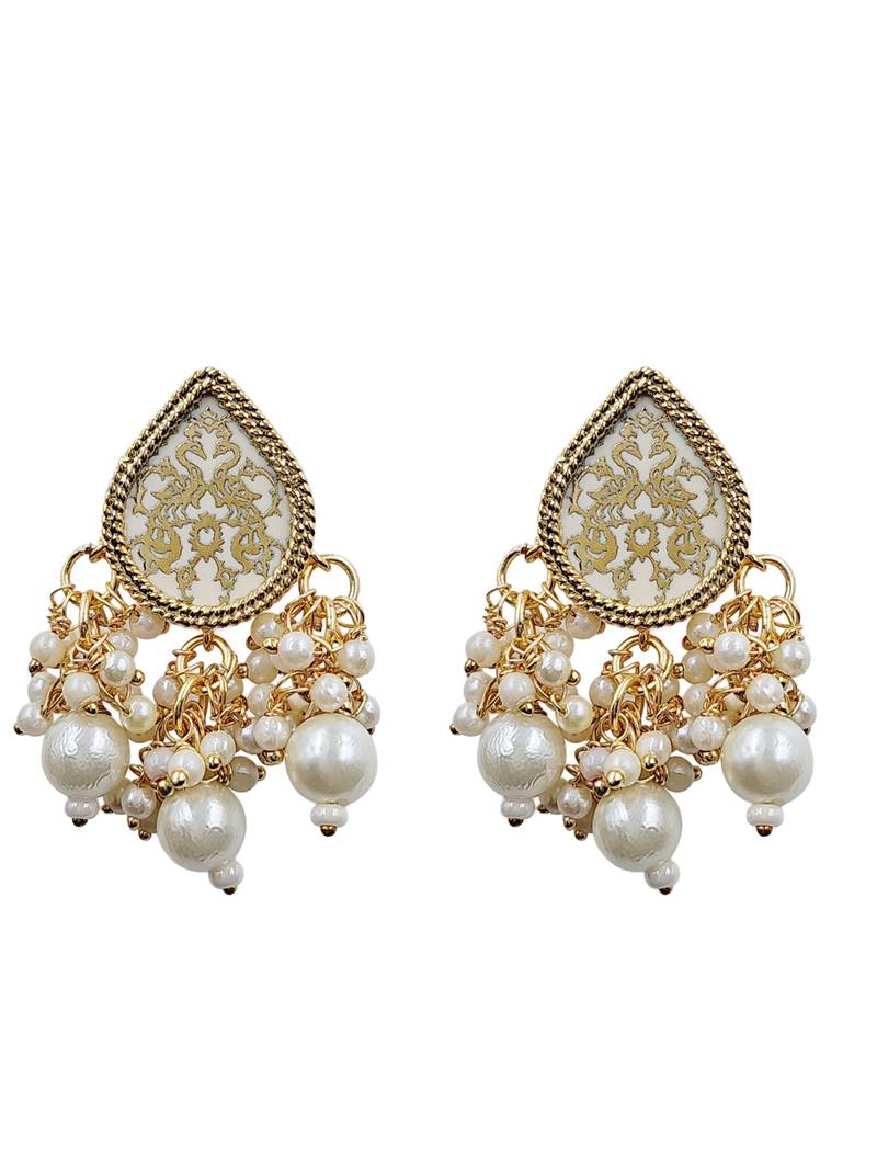 Gold-plated white enamel kundan pearl long haar thewa necklace and earrings jewellery set