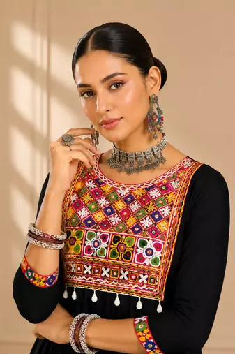 Black gamthi mirror work rayon kediya top