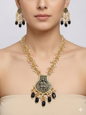 Gold-toned black beaded long necklace set with enamel thewa pendant and earrings 1
