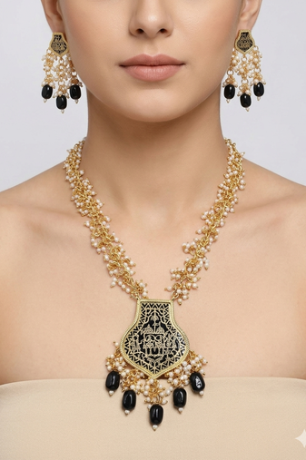 Gold-toned black beaded long necklace set with enamel thewa pendant and earrings